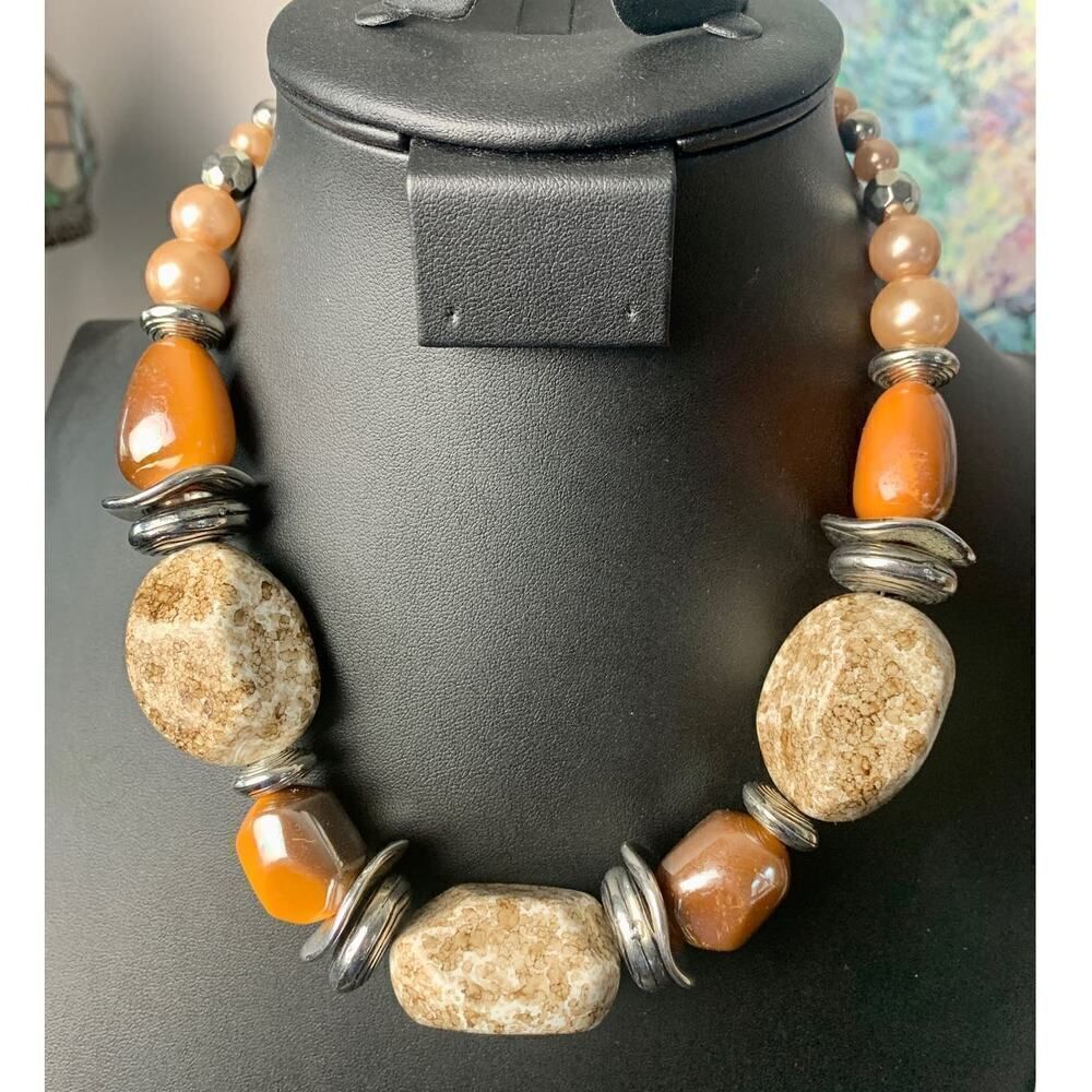 Statement Faux Cabochons and Pearls Necklace, Unmarked